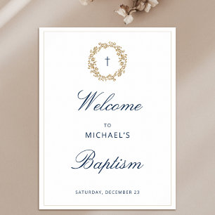 Poster Elegant Gold Wreath Navy Cross Baptism Christening