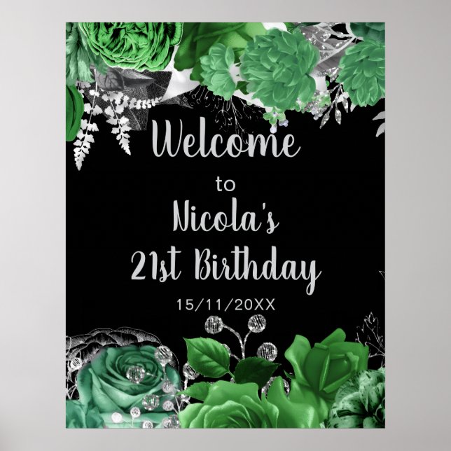 Poster Elegant Green and Silver Flowers Birthday Party  (Devant)