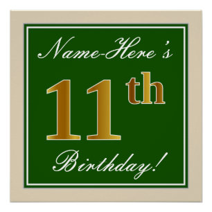 Poster Elegant, Green, Faux Gold 11th Birthday + Name