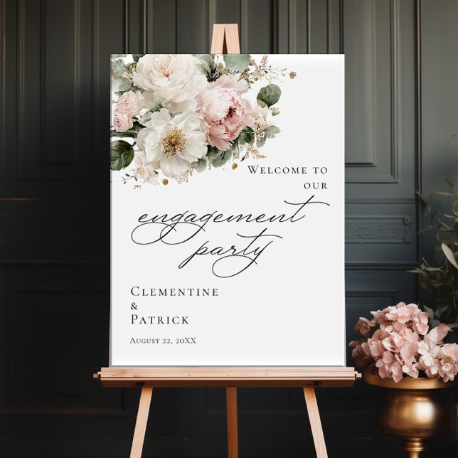 Poster Elegant greenery floral Engagement Party welcome (Créateur téléchargé)