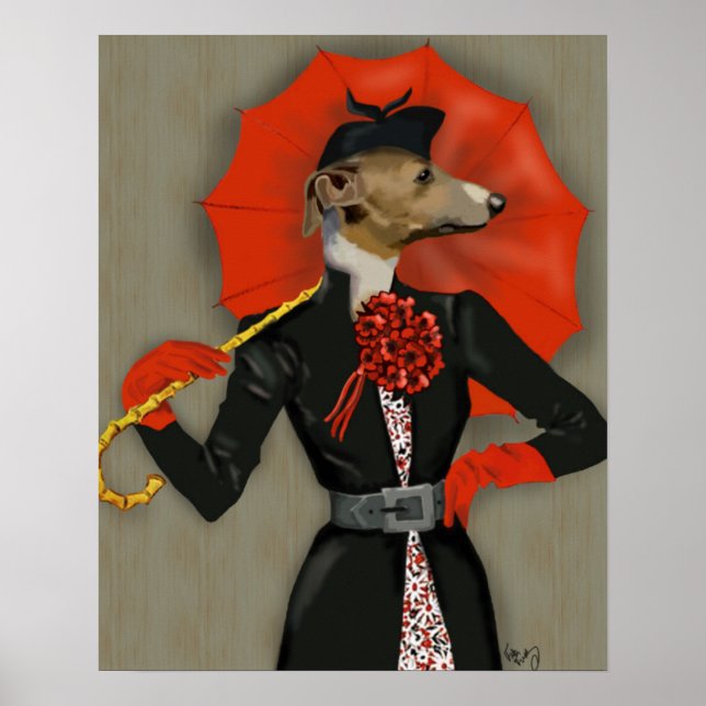 Poster Elégant Greyhound et parapluie rouge (Devant)