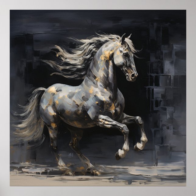 Poster Elégant Gris Abstrait avec Cheval baroque d'or (Devant)