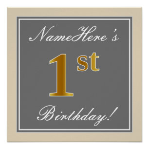 Poster Elégant, Gris, Faux Gold 1er Anniversaire; Nom per