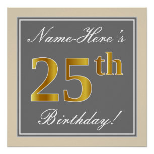 Poster Elégant, gris, Faux Gold 25e anniversaire + Nom