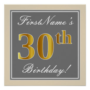 Poster Elégant, gris, Faux Gold 30e anniversaire + Nom