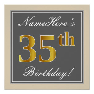 Poster Elégant, gris, Faux Gold 35e anniversaire + Nom