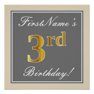 Poster Elégant, gris, Faux Gold 3e anniversaire; Nom pers