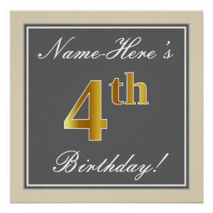 Poster Elégant, gris, Faux Gold 4e anniversaire; Nom pers