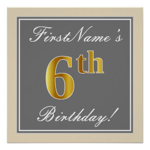 Poster Elégant, gris, Faux Gold 6e anniversaire; Nom pers