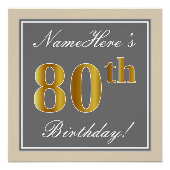 Poster Elégant, gris, Faux Gold 80e anniversaire + Nom (Devant)