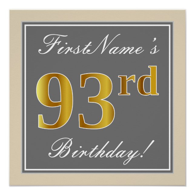 Poster Elégant, gris, Faux Gold 93ème anniversaire + Nom (Devant)
