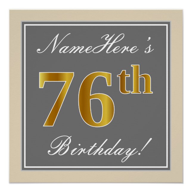 Poster Elégant, gris, Faux Or 76ème anniversaire + Nom (Devant)