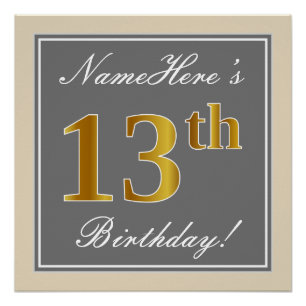 Poster Élégant, Gris, Or Faux 13e Anniversaire + Nom