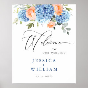 Poster Élégant Hydrangea Bleu Roses Rouge Foncé Mariage