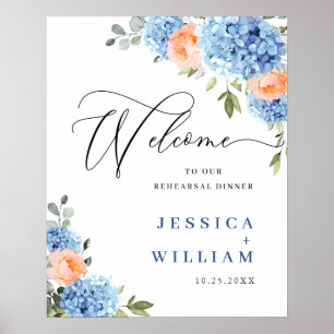 Poster Élégant Hydrangea Bleu Roses Rouge Teint Mariage