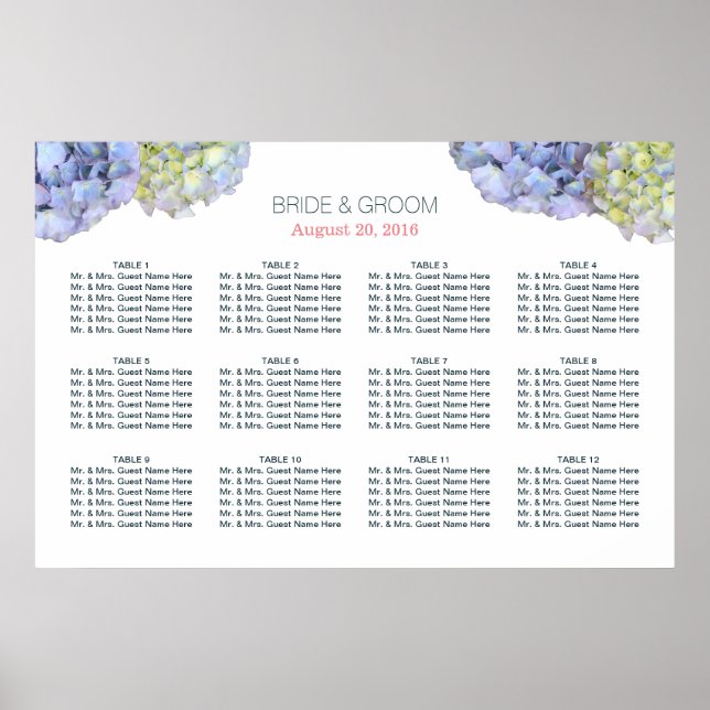Poster Elégant Hydrangea Fleurs Mariage Seating Chart (Devant)