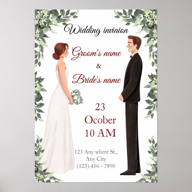Poster Elegant Illustrated Wedding Invitation  (Devant)
