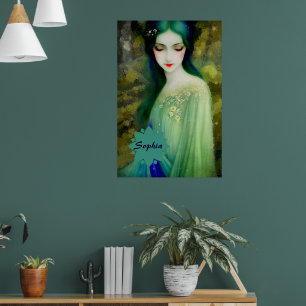 Poster Élégant Imaginaire Portrait femme en vert et bleu
