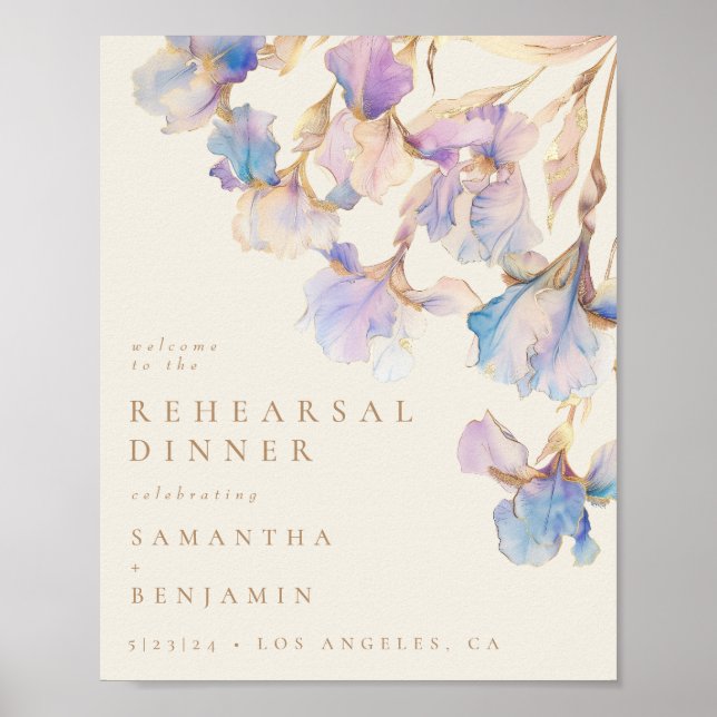 Poster Elégant Iris Floral Mariage Dîner de répétition (Devant)