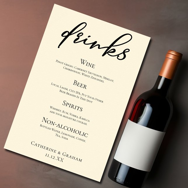 Poster Elégant ivoire Simple Mariage Bar Menu Boissons (Créateur téléchargé)