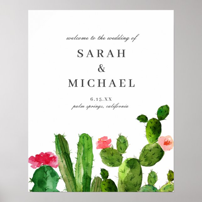 Poster Elégant jardin de Cactus | Bienvenue Mariage (Devant)
