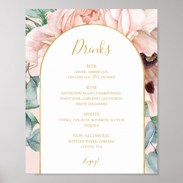 Poster Elégant jardin fleuri | Menu des boissons Mariages (Devant)