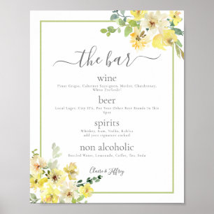 Poster Elégant Jaune Floral Sage Green Mariage Bar Menu