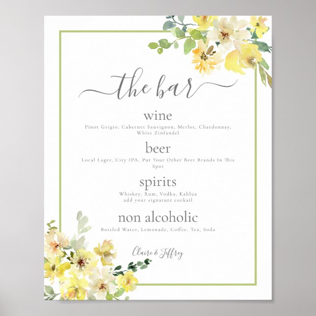 Poster Elégant Jaune Floral Sage Green Mariage Bar Menu (Devant)