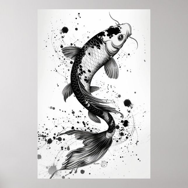 Poster Élégant Koi Poisson Étang noir Stroke plat Illustr (Devant)
