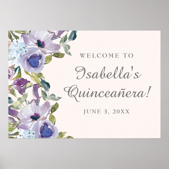Poster Elégant Lilac Blue Floral Quinceañera Bienvenue (Devant)