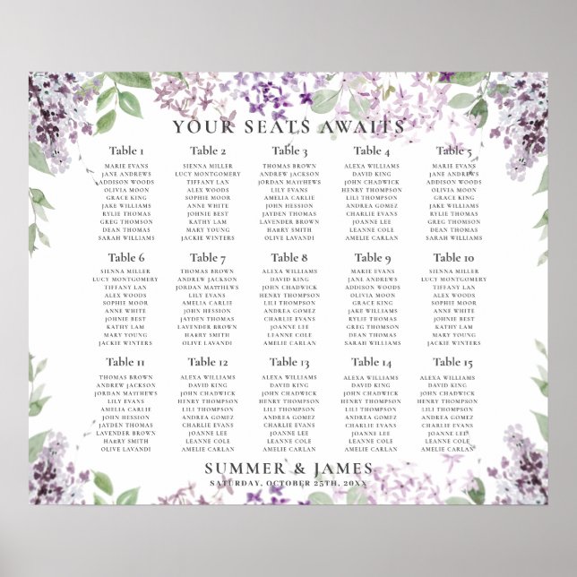 Poster Élégant Lilac Purple Floral Mariage Carte de siège (Devant)