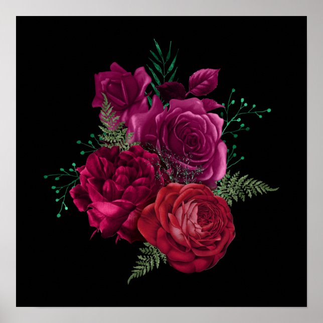Poster Elegant Magenta Rose Floral Bouquet (Devant)
