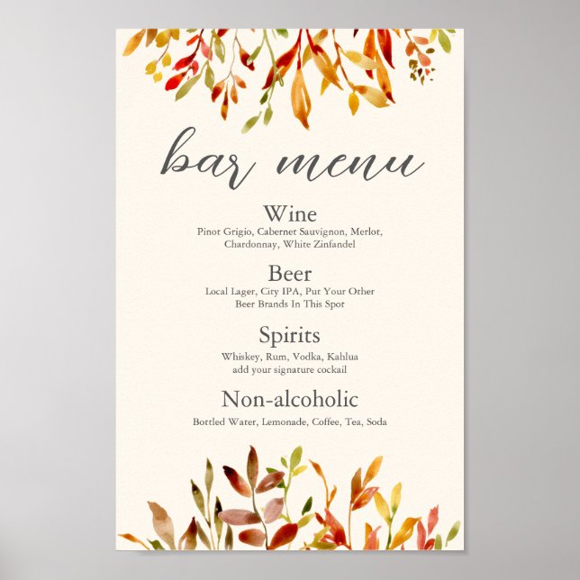 Poster Élégant Mariage Automne personnalisé Feuilles d'au (Devant)
