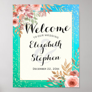 Poster Elégant Mariage Bienvenue Pink Floral Turquoise Go