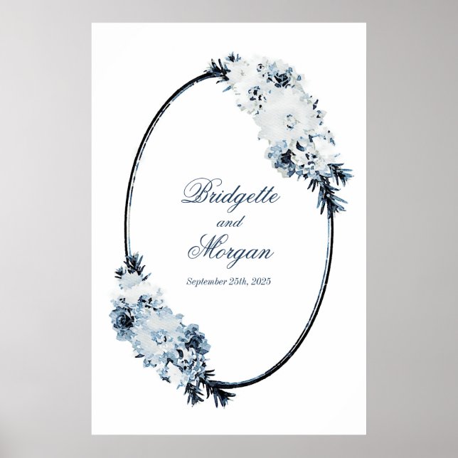 Poster Élégant Mariage bleu floral (Devant)