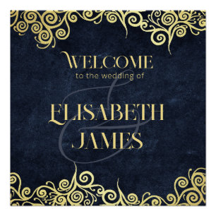 Poster Elégant Mariage bleu marine et Gold Swirl Bienvenu