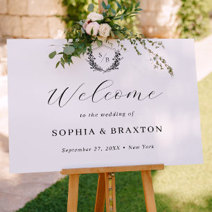Poster Élégant Mariage de crête florale Monogramme Affich