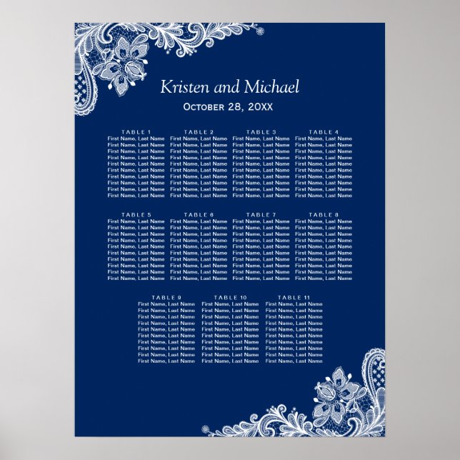 Poster Élégant Mariage en dentelle bleue de la Marine (Devant)