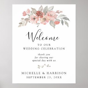 Poster Élégant Mariage Fleurs Aquarelle Rose Pâle