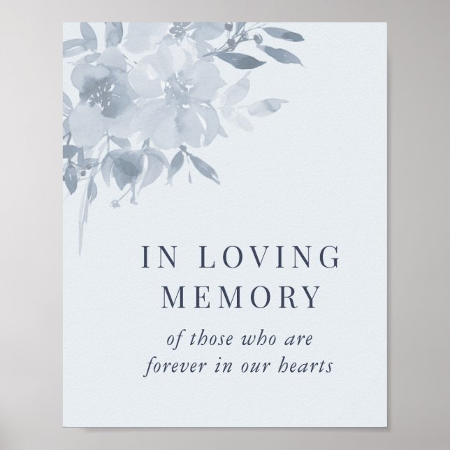 Poster Élégant Mariage Floral Bleu Dusty En Mémoire Amour (Devant)