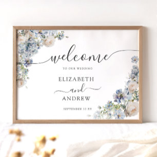 Poster Élégant Mariage Floral Bleu et Blanc