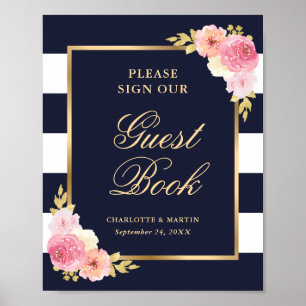 Poster Élégant Mariage Floral Rose Bleu Signal