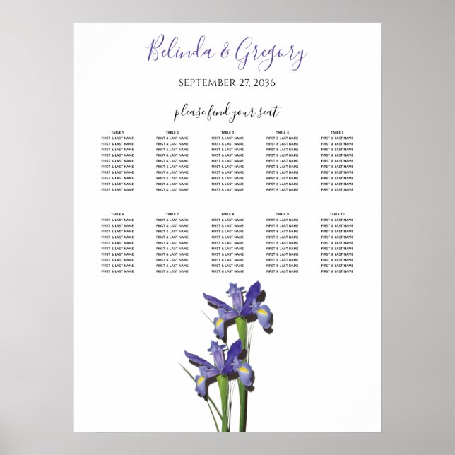Poster Élégant Mariage Iris Purple Carte de siège (Devant)