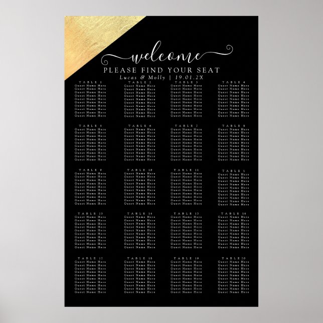 Poster Elégant Mariage moderne Black & Gold Foil Siège (Devant)