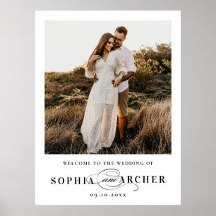 Poster Élégant mariage noir et blanc Bienvenue Script