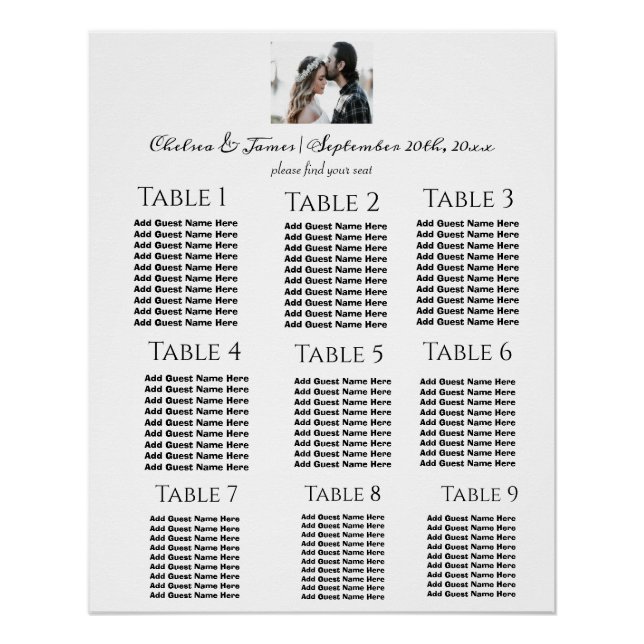 Poster Élégant Mariage Photo Calligraphie Seating Chart (Devant)