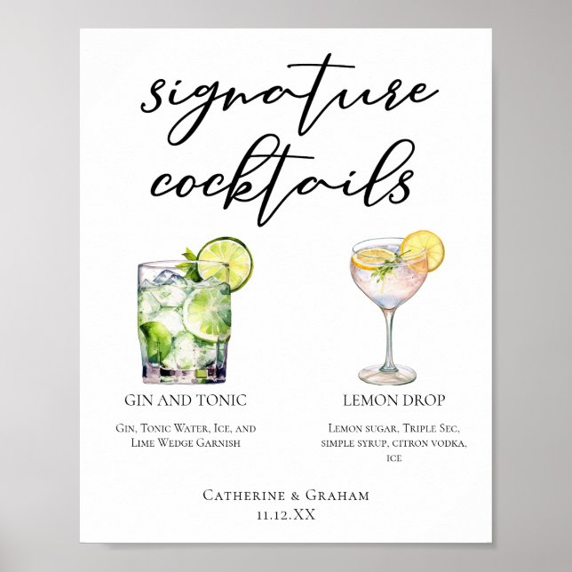 Poster Elégant Mariage Signature Cocktails Menu (Devant)