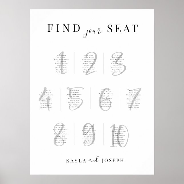 Poster Élégant Mariage simple 10 Table Siating Chart Sign (Devant)