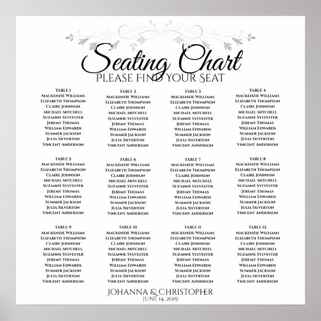 Poster Élégant Mariage simple de 12 tables (Devant)