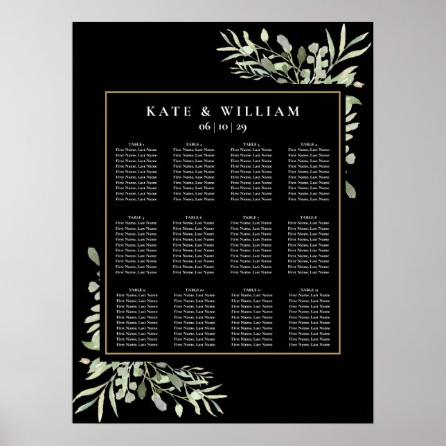 Poster Elégant Mariage Verdure Black Gold Seating Chart (Devant)